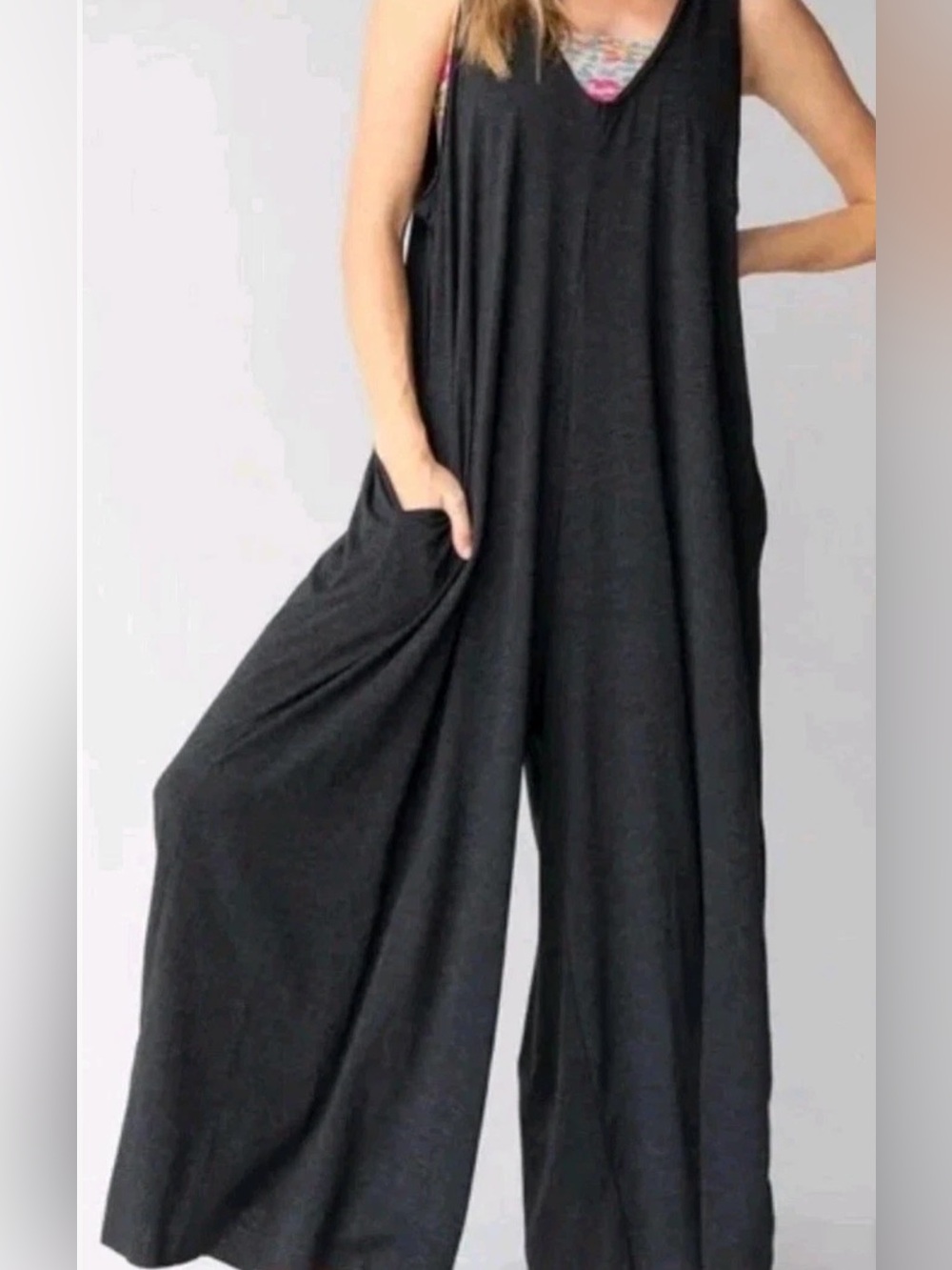 Natural Life Super Wide Leg Overall One Piece Jumpsuit OS Gray V-Neck Pockets